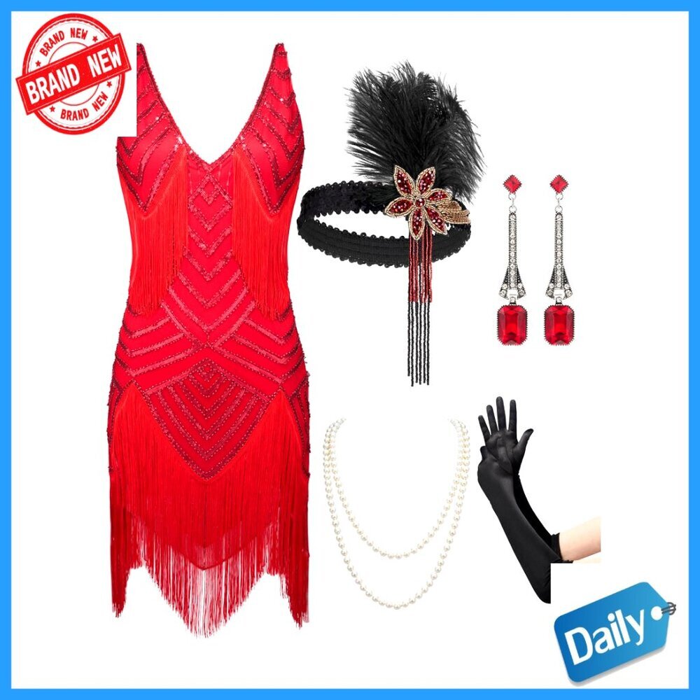 V-Neck Flapper Dress with Accessories Set, 1920s Gatsby Costume, Fringe Cocktail